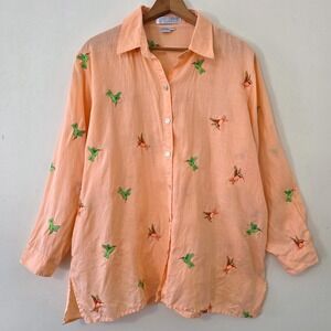 Casey Coleman 100% Linen Hummingbird Button Up‎ Top Sz 3X Embroidered Artsy Boho